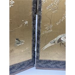 Two Oriental silk and wooden screens embroidered with birds and blossoming branches, largest H88cm 