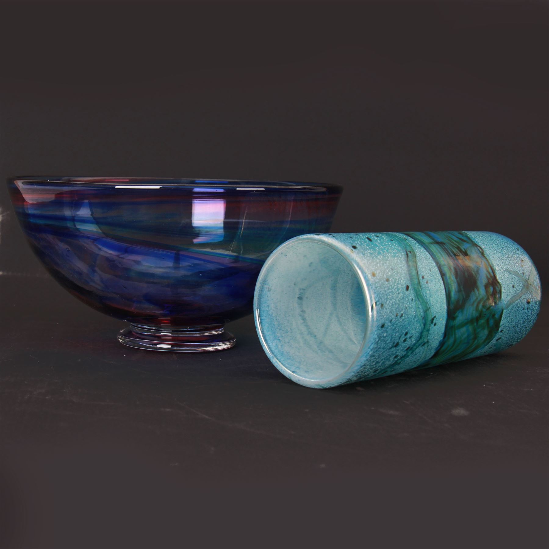 Gozo glass vase of cylindrical form, together with Millrace glass bowl, vase H20cm