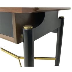 E. Gomme for G-Plan - ‘Librenza’ afrormosia and black finish console, fitted with two drawers, on turned supports united by brass stretchers