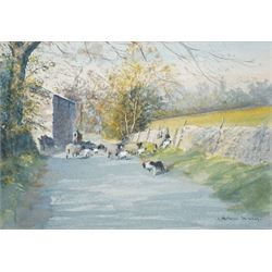 Brian Irving (British 1931-2013): Herding Sheep Down a Country Lane, watercolour signed 17cm x 25cm