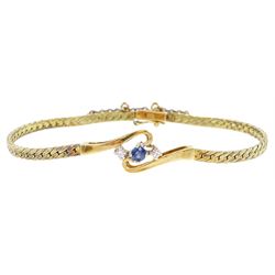 14ct gold three stone sapphire and diamond twist design and herringbone link bracelet, stamped 585