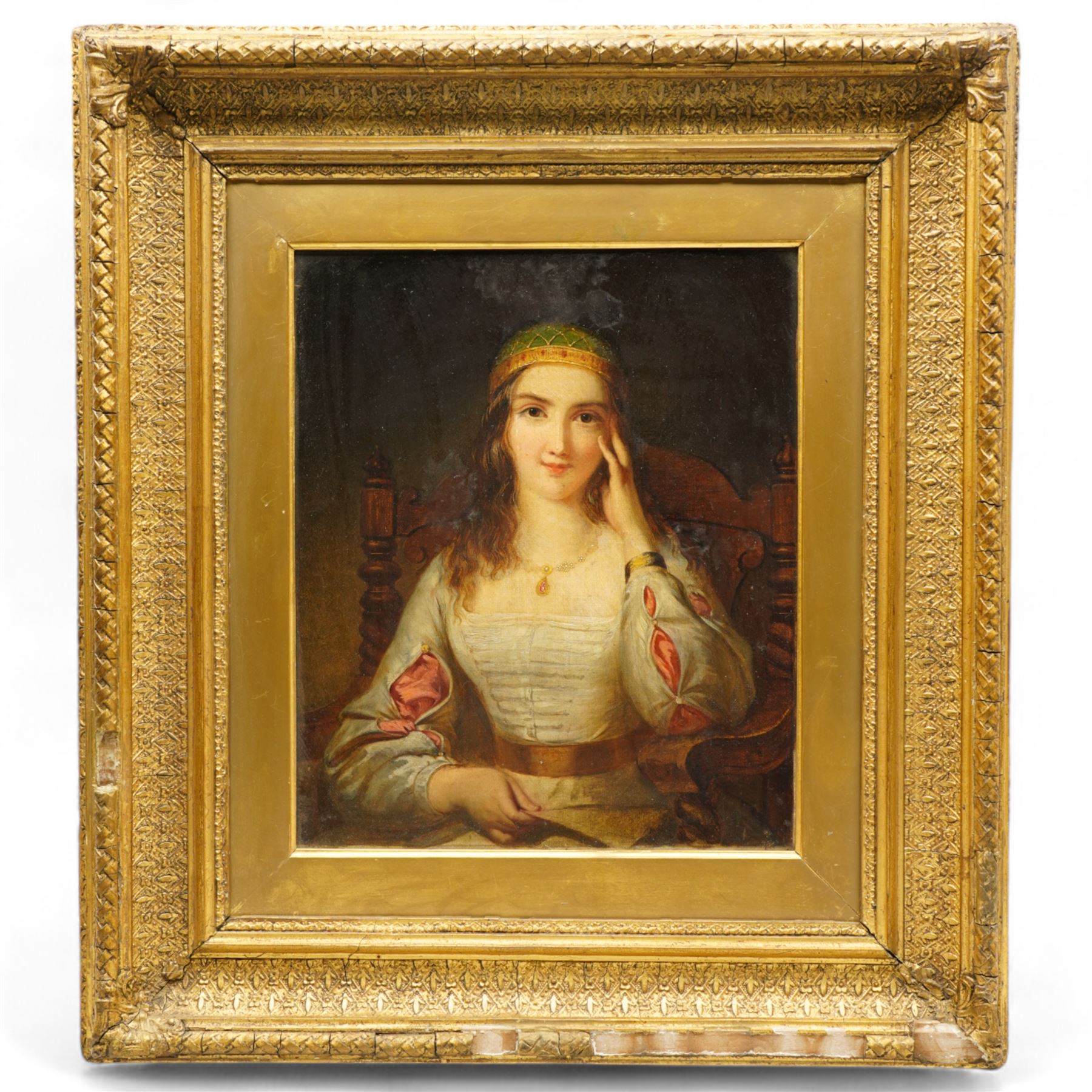 English School (19th century): Portrait of a Renaissance Beauty wearing a Headdress, oil on canvas unsigned