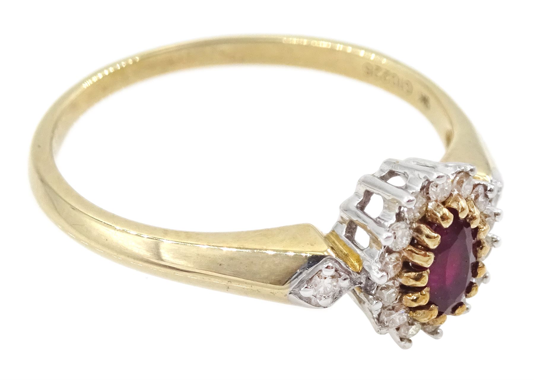 9ct gold oval cut ruby and round brilliant cut diamond cluster ring, hallmarked