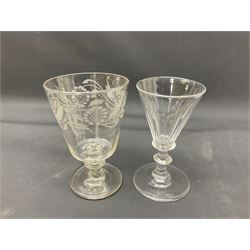 Collection of 18th century and later glassware, including set of three with twist stems and etched and fluted examples