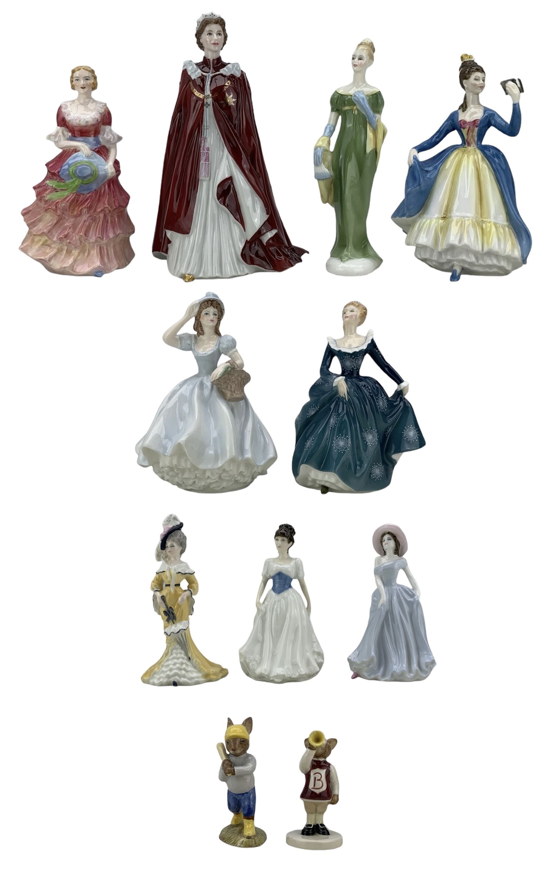 Royal Worcester figure 'The Queen's 80th Birthday 2006', two Royal Doulton Bunnykins figures 'Home Run' and 'Harry The Herald', two three further Royal Doulton figures 'Leading Lady', 'Lorna' and 'Fragrance' and four Coalport figures including Ladies of Fashion 'Christina' and three others (11)