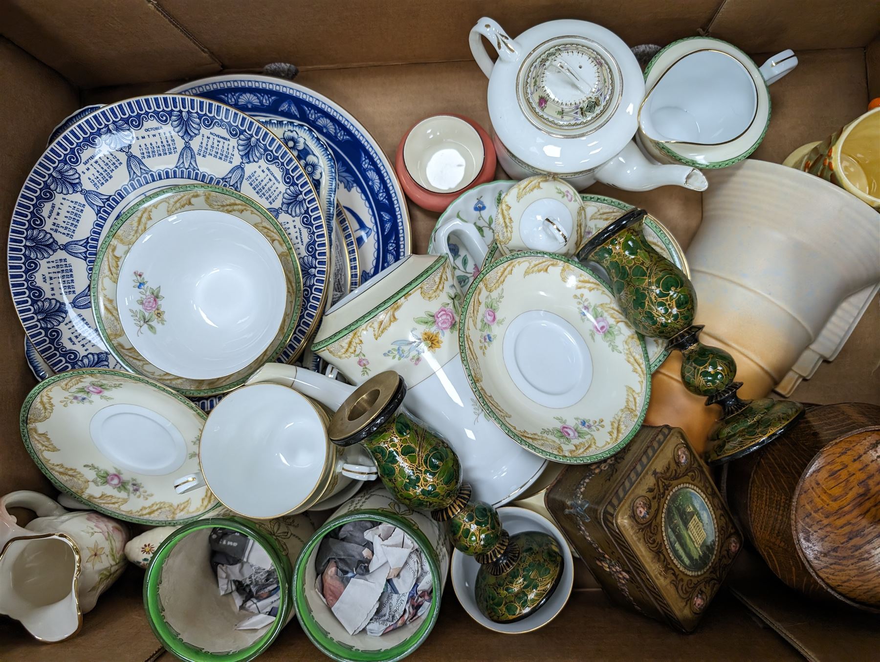 Noritake teawares, collectors plates, Art Deco wall pocket and other ceramics, in two boxes 