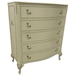 French classic design cream painted serpentine chest, shaped top with acanthus moulded edge, fitted with five long drawers, on cabriole supports decorated with applied acanthus leaves