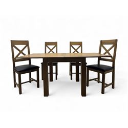 Oak extending dining table, square pull-out action top with folding butterfly leaf, on str...