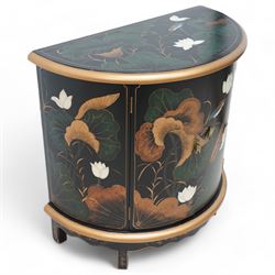 Chinoiserie design demi-lune cabinet, moulded top over two panelled doors, decorated with floral decoration and birds 