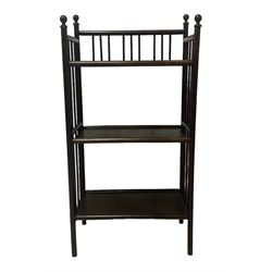 Arts and Crafts stained beech three tier etagere, three-quarter raised gallery back with bamboo style spindles