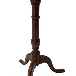 George III mahogany tripod table, circular moulded dished tilt-top, ring turned stem on three splayed supports 