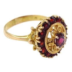 9ct gold garnet filigree cluster ring, stamped 375