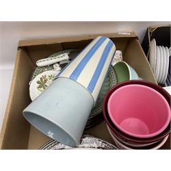 Four large meat platters, Royal Worcester Bunnykins mug and a large collection of other ceramics, including vases, dinner plates, teawares, etc, in five boxes 