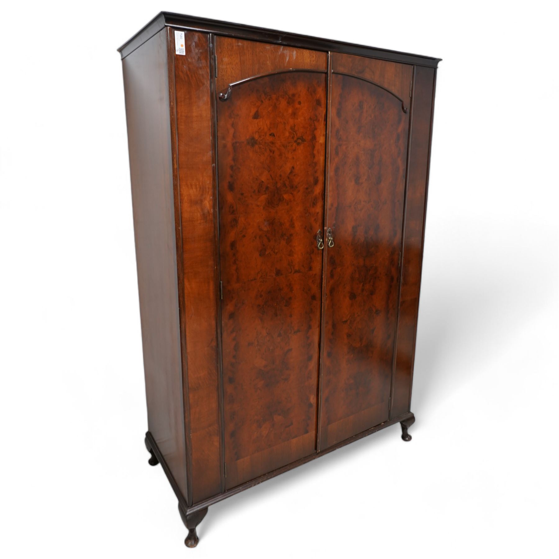 Mid-20th century figured walnut double wardrobe (W126cm, H189cm, D56cm); matching dressing table (W110cm, H153cm); with chair and stool