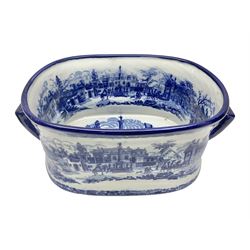 Victorian style, blue and white transfer printed footbath, decorated with town scene and with twin carry handles, L48cm