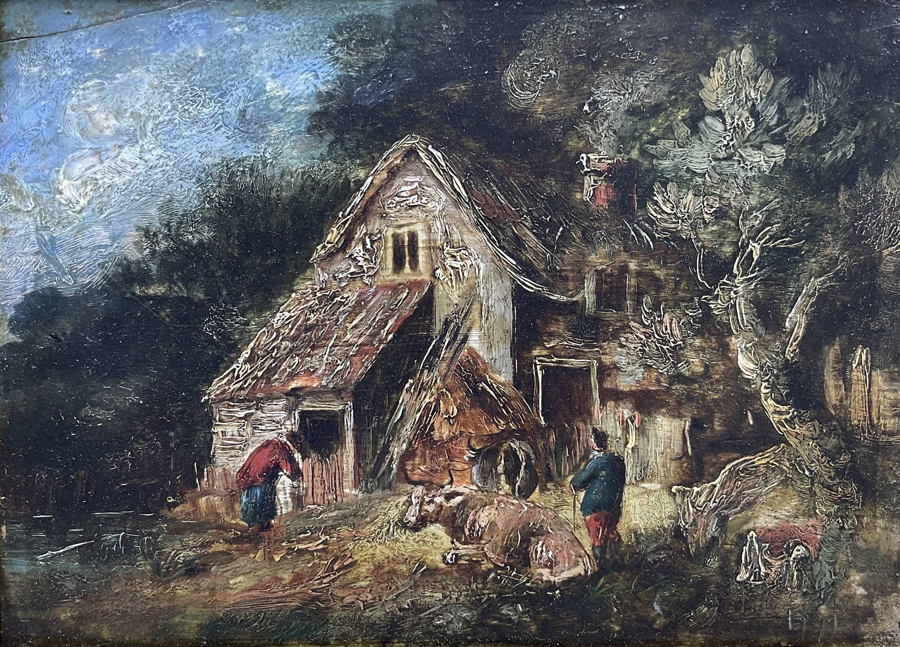 English School (18th century): Cottage Scene, oil on panel unsigned 16cm x 22cm