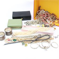 Two silver napkin rings and a silver bangle, all hallmarked, together with a collection of costume jewellery, including brooches, beaded necklaces, etc