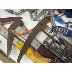 Collection of 1960s/70s climbing equipment including two original Hamish McInnes Pterodactyl ice axes, Joe Brown helmet, carabiners, ropes and wires etc