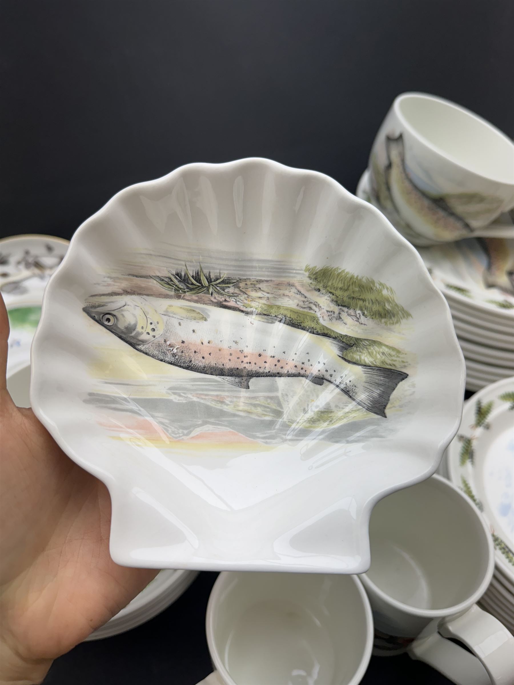 Portmeirion Complete Angler part tea and dinner service, including eleven dinner plates, five bowls, seven mugs etc together with two Royal Worcester cups and saucers