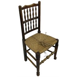 Collection of chairs - five 19th century elm spindle back chairs with rush seats; two chapel chairs (7)