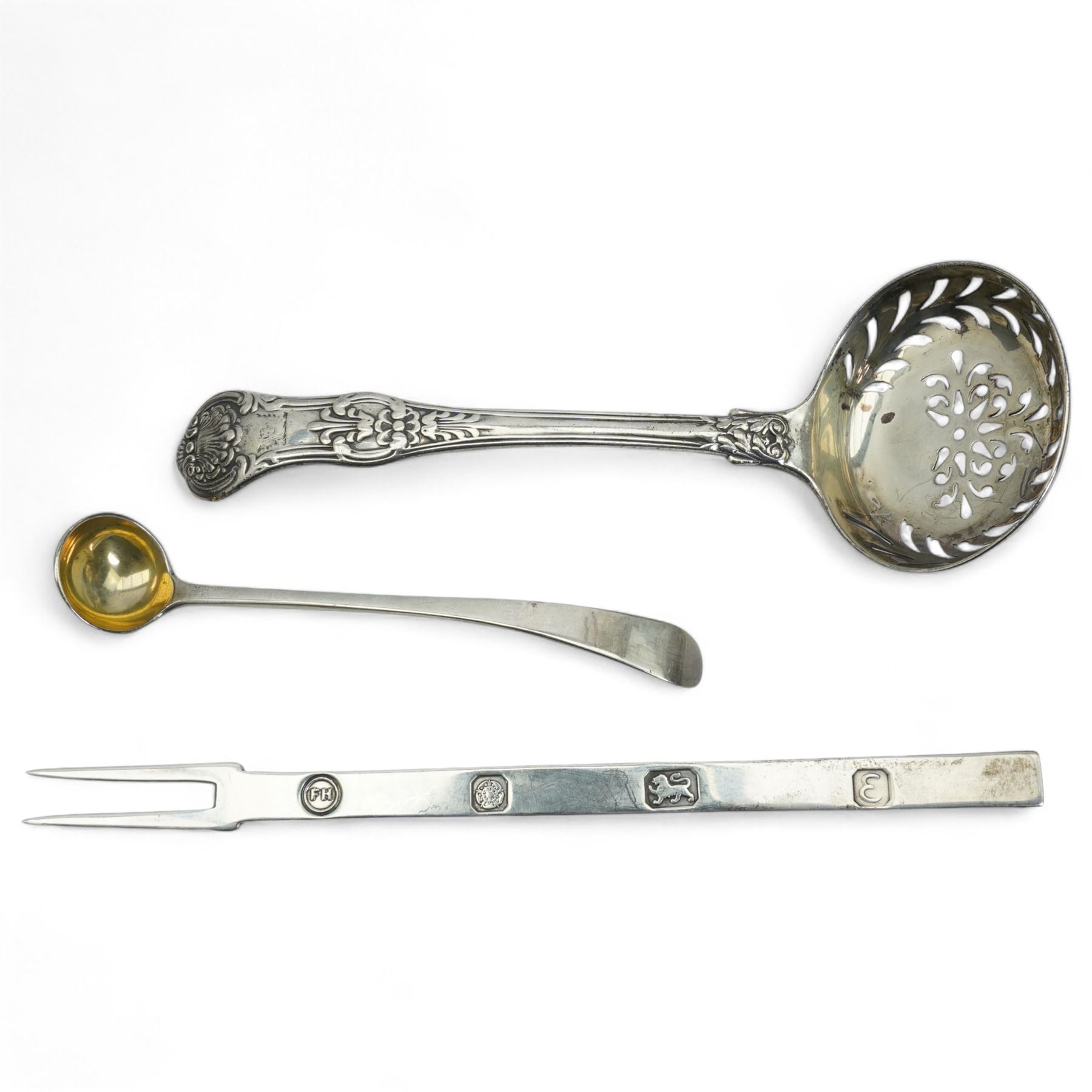 George IV silver sifting spoon London 1828 Maker John, Henry and Charles Lias, eight various serviette rings and three other silver items