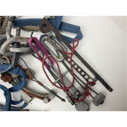 Collection of 1960s/70s climbing equipment including two original Hamish McInnes Pterodactyl ice axes, Joe Brown helmet, carabiners, ropes and wires etc