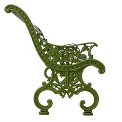 20th century cast iron and wood slatted 'Lilly of the Valley' garden bench, cast iron bench ends of scrolled form decorated with trailing foliage and flower heads, on scrolled supports 