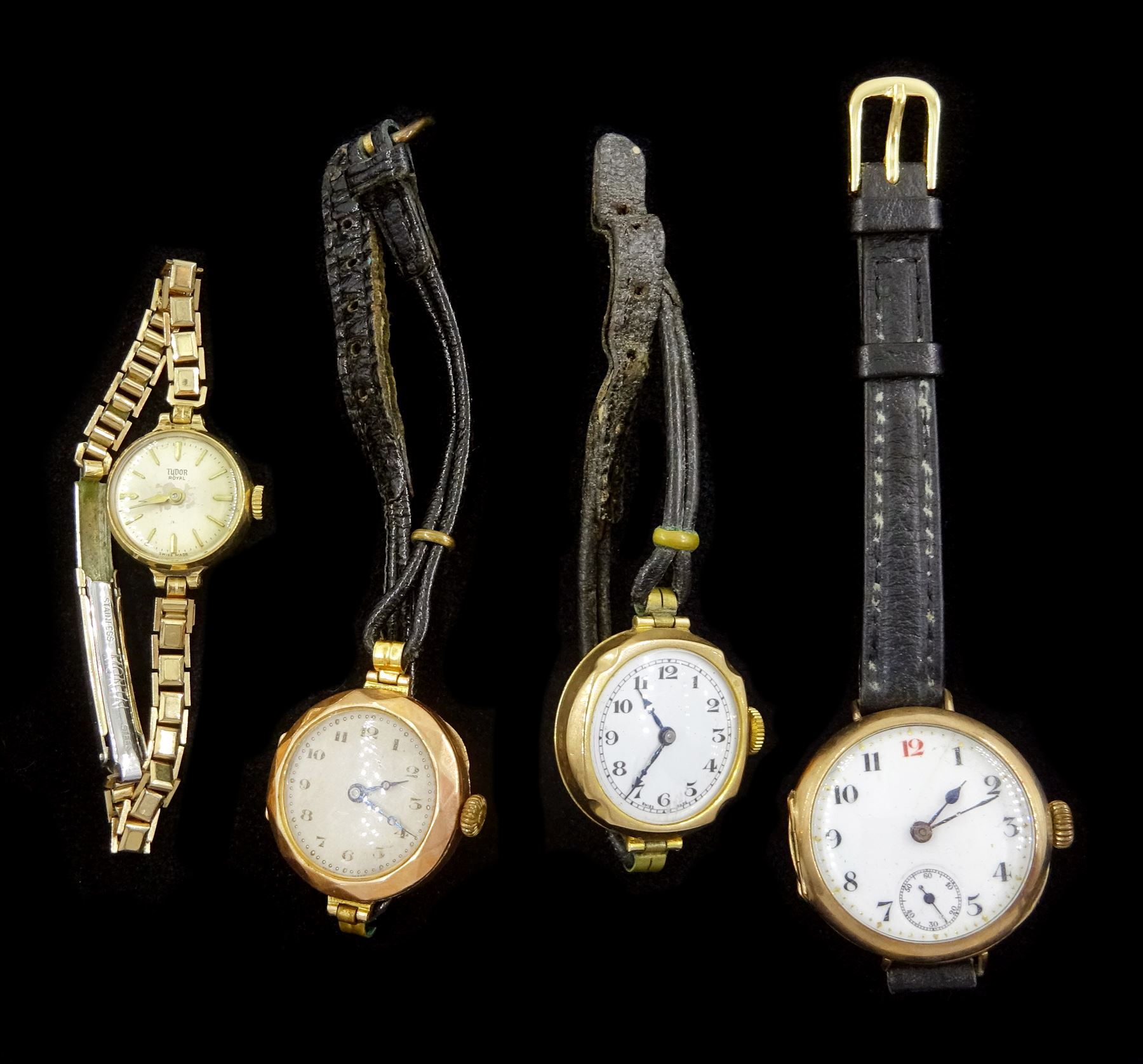 Tudor Royal gold ladies manual wind wristwatch, on gilt strap and three other early 20th century gold manual wind wristwatches, on black leather straps, all cases hallmarked 9ct