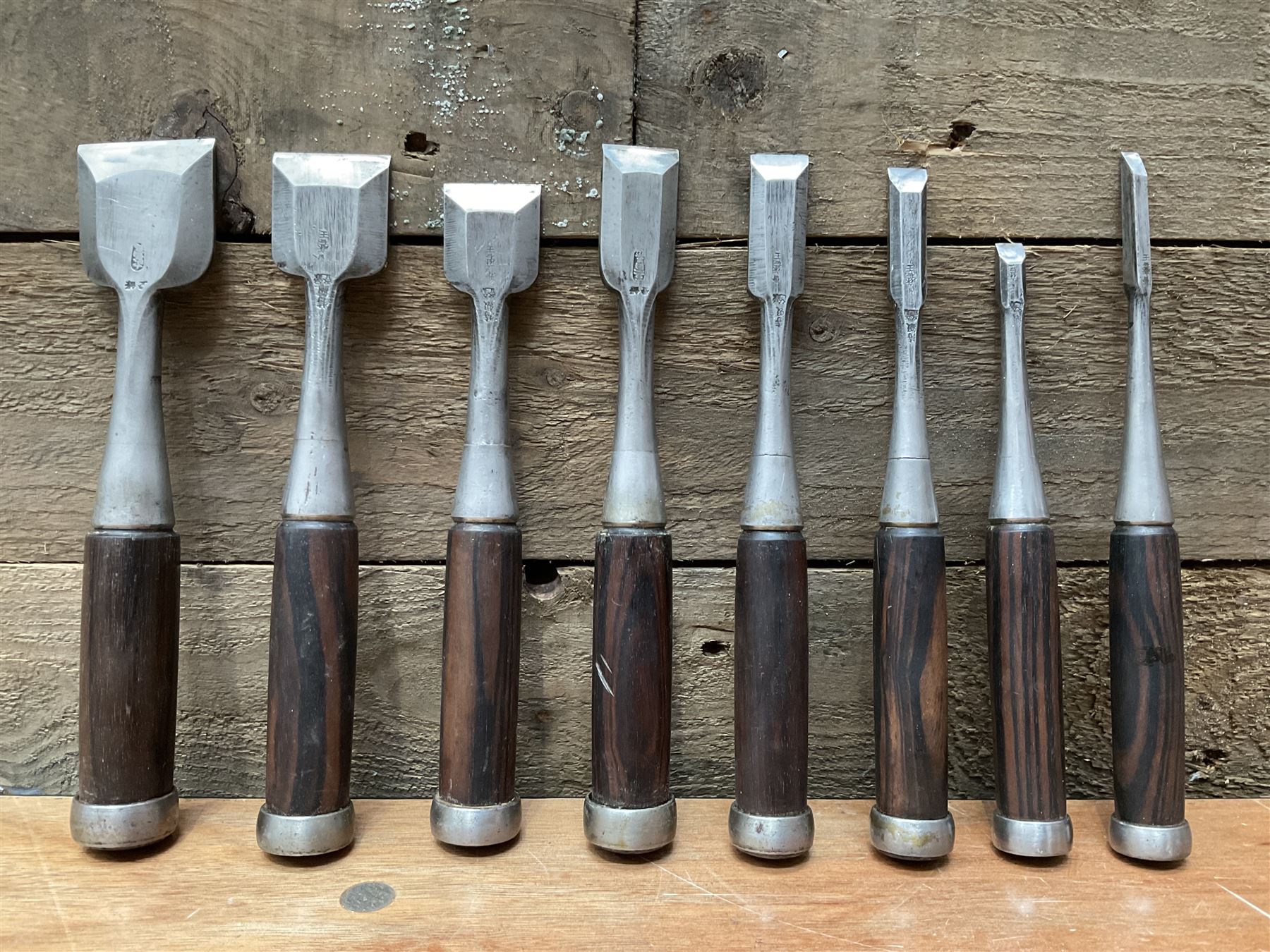 Set of eight Japanese handmade carpenters chisels with rosewood handles, stamped blades - THIS LOT IS TO BE COLLECTED BY APPOINTMENT FROM DUGGLEBY STORAGE, GREAT HILL, EASTFIELD, SCARBOROUGH, YO11 3TX