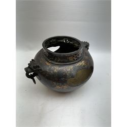 Chinese bronze incense burner, of squat form with mask and tongue handles, H15cm