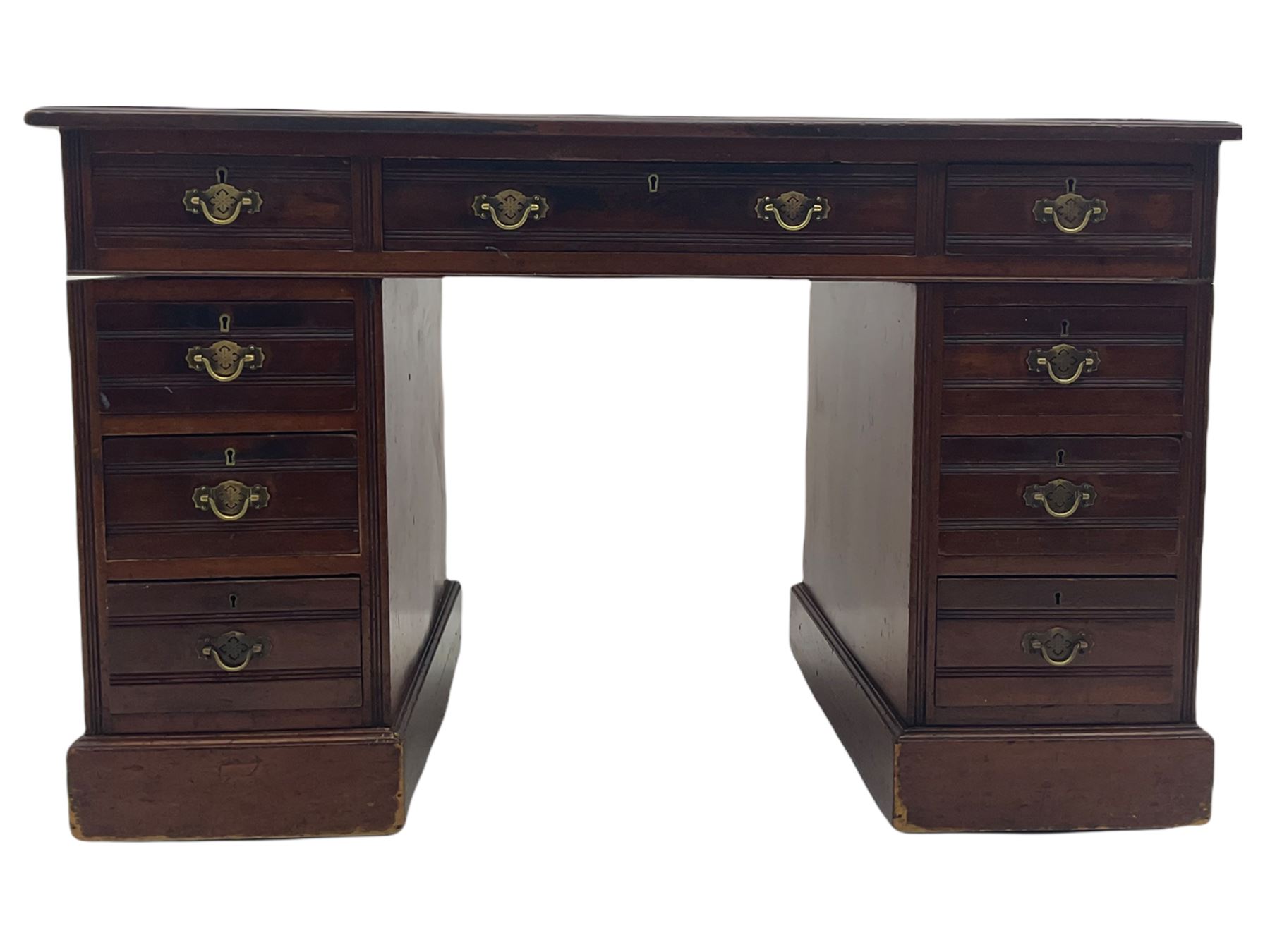 Edwardian mahogany twin pedestal desk, fitted with nine drawers