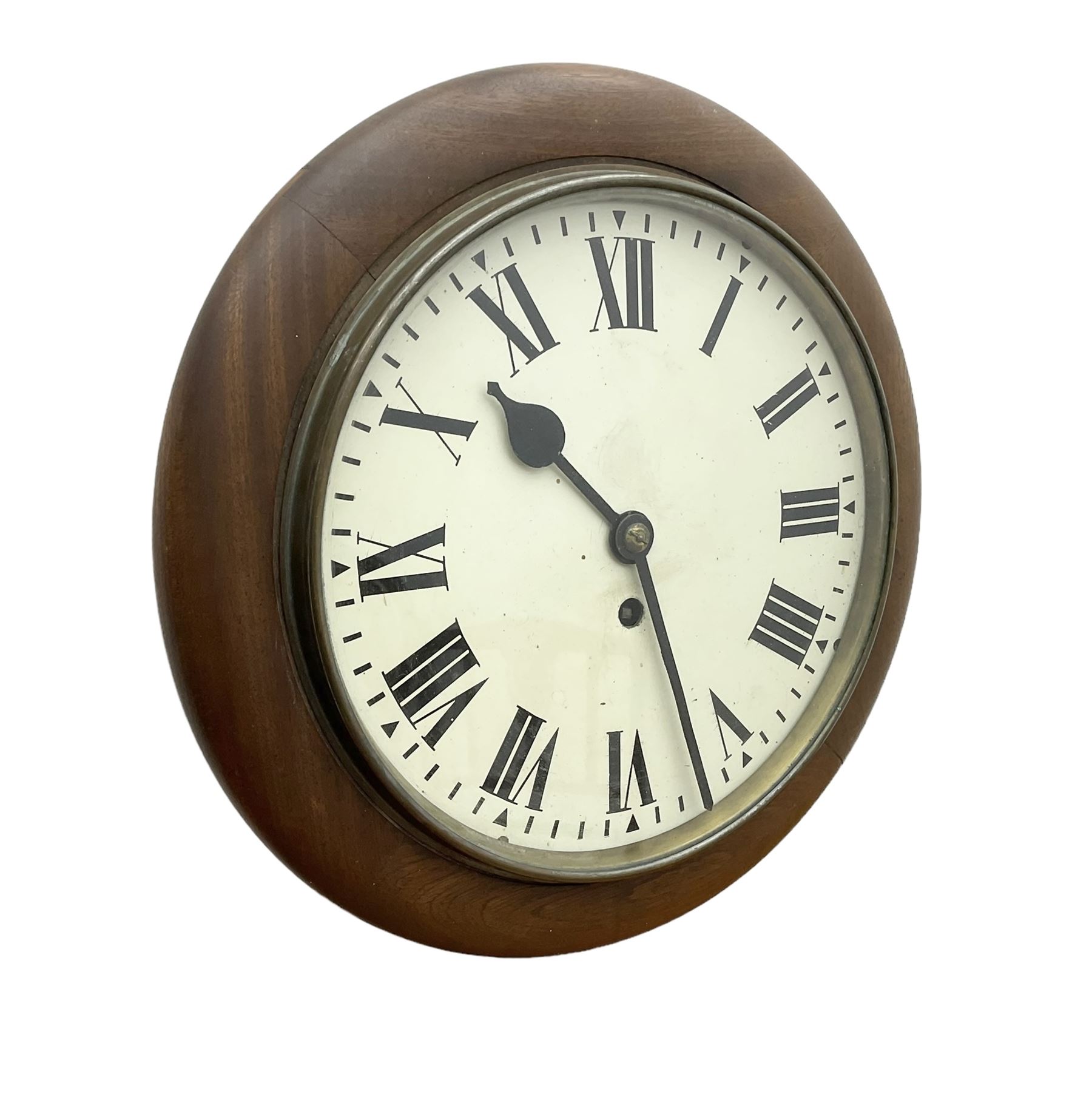 English - early 20th century mahogany cased 8-day fusee wall clock, with a  9”  painted dial ,spun bezel and flat glass,  Roman numerals, minute markers and steel spade hands, wire driven fusee, with pendulum.