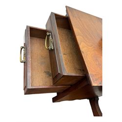 Late Victorian walnut dressing table, raised bevelled swing mirror over small trinket drawers, rectangular moulded top, fitted with two drawers, on turned supports united by undertier 