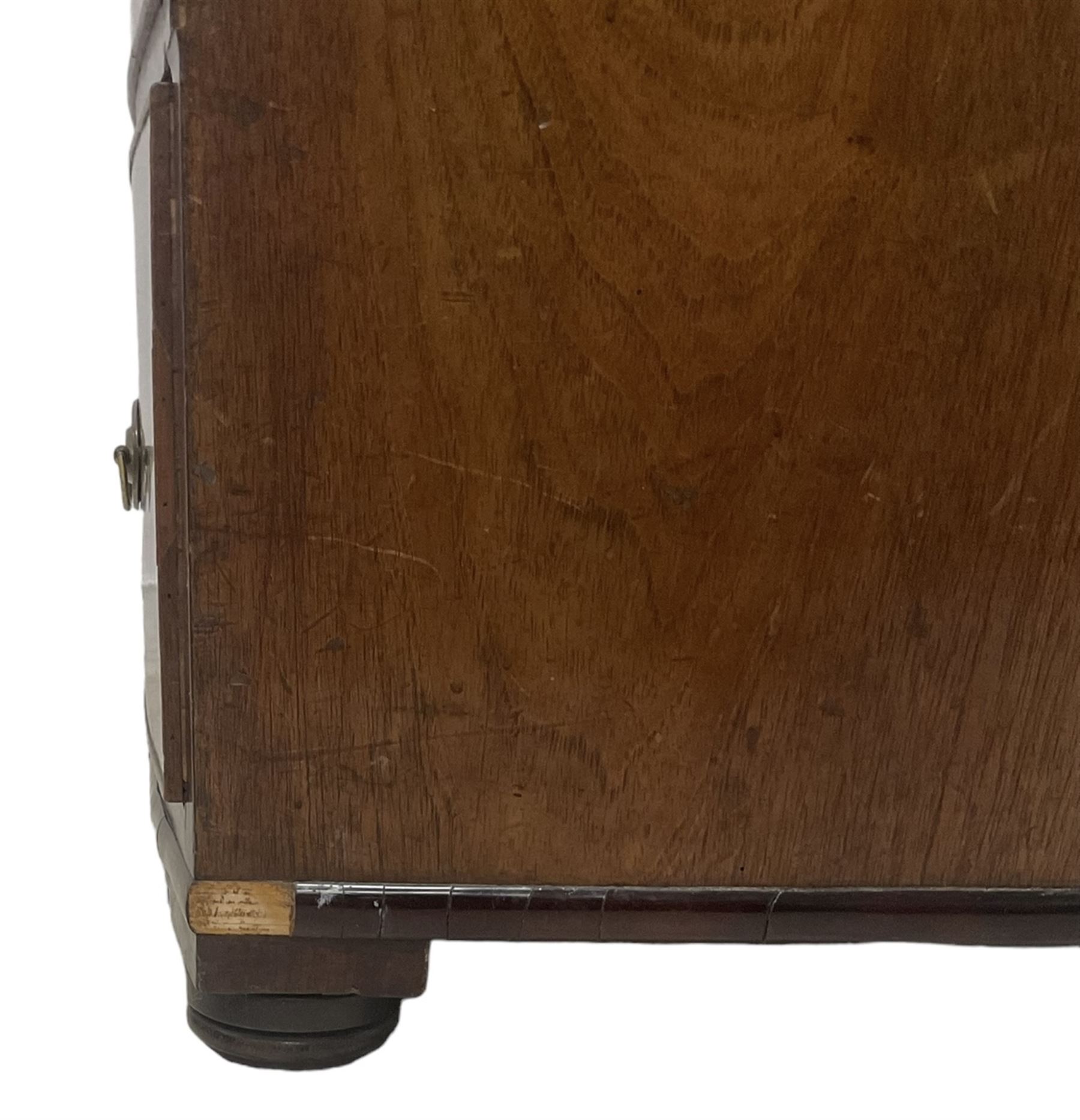 George III mahogany bow-front chest, fitted with two short over three long graduating cock-beaded drawers, on compressed bun feet