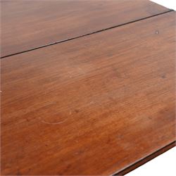 George III mahogany table, fixed square top with moulded edge, fitted with single cock-beaded drawer, pierced corner brackets, on square tapering supports with spade feet 