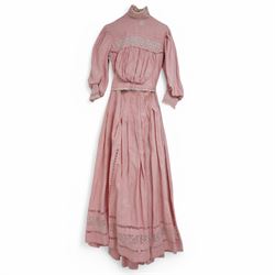 Edwardian ladies pink linen bodice and skirt, with eyelet closure and lace detailing to sk...