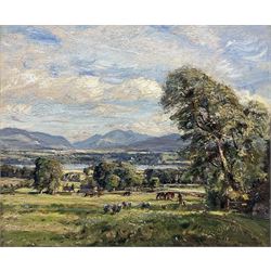 Herbert F Royle (British 1870-1958): Pastoral River Valley with Sheep and Horses Grazing, ...