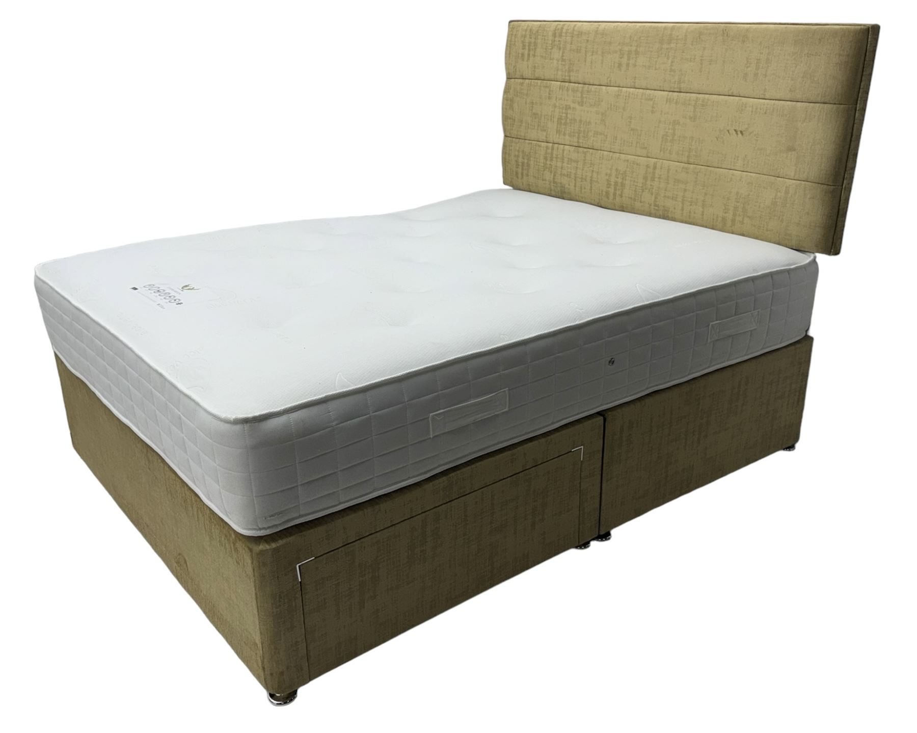 Queen size divan bed, upholstered in light gold fabric with high padded headboard, box base with double storage drawer; with Dreamland ‘Evergreen’ aloe vera pocket sprung mattress (200 x 150 x 28cm)