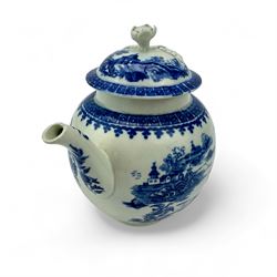 Two First Period Worcester porcelain globular form teapots, decorated in the Fisherman pattern and the other decorated with flowes and butterflies, both with flower knop handles and crescent marks beneath, H16cm (2)