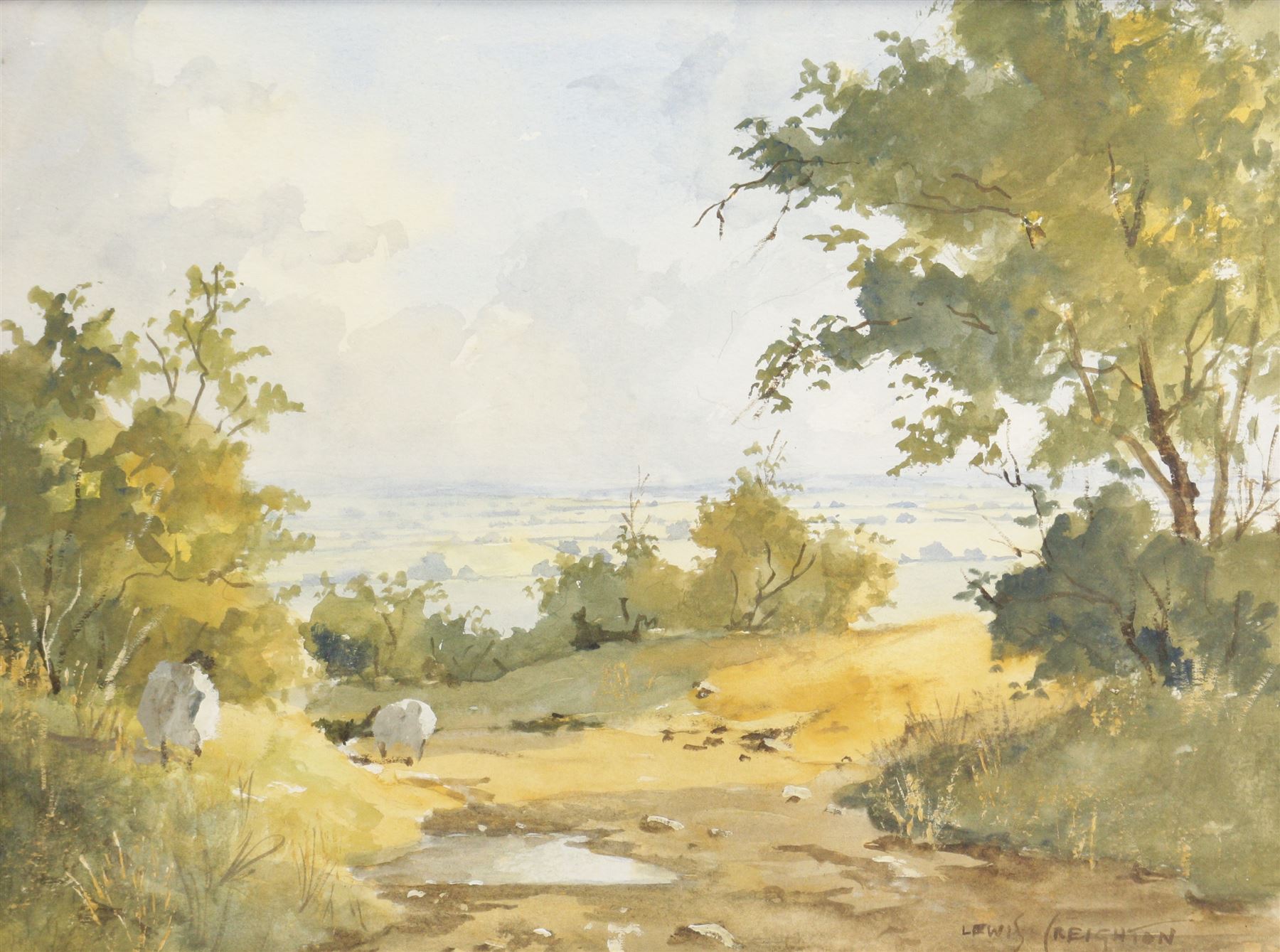 Lewis Creighton (British 1918-1996): Sheep Above the Moors, watercolour signed 29cm x 39cm 