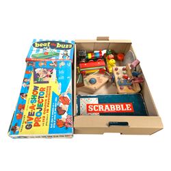 Chad Valley toys and games, including Give A Show projector and a wooden tool bench, together with other wooden toys, Lone Star Trail Boss cap gun and board games