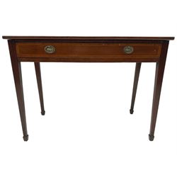 19th century inlaid mahogany side table, banded rectangular top over single full length drawer, on tapered supports with spade feet