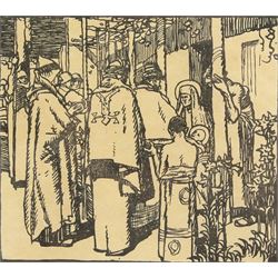 Sir Frank Brangwyn (British 1867-1956): The Christening, monochrome woodcut engraving signed in pencil by the artist and engraver HG Webb 12cm x 13cm