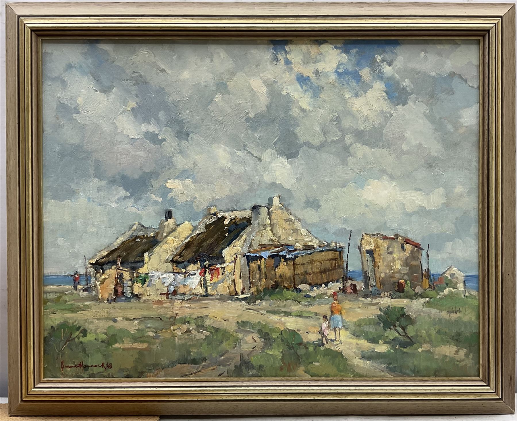 Arthur Bruce Hancock (South African 1912-1990): Figures by Country and Coastal Cottages, pair oils on board signed one dated '68, 34cm x 45cm (2) 