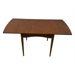 Mid-20th century teak dining table, draw-leaf action extending top, on square tapering supports (98cm - 148cm x 76cm, H75cm); and a set of three dining chairs 