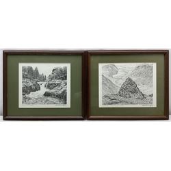 Alfred Wainwright MBE (British 1907-1991): 'Pen Y Ghent from Selside', 'Great End from Styhead Tarn', 'Skelwith Force', and 'Wasdale from Great Gable', four monochrome prints each signed in pen by the artist, max 17cm x 23cm (4)