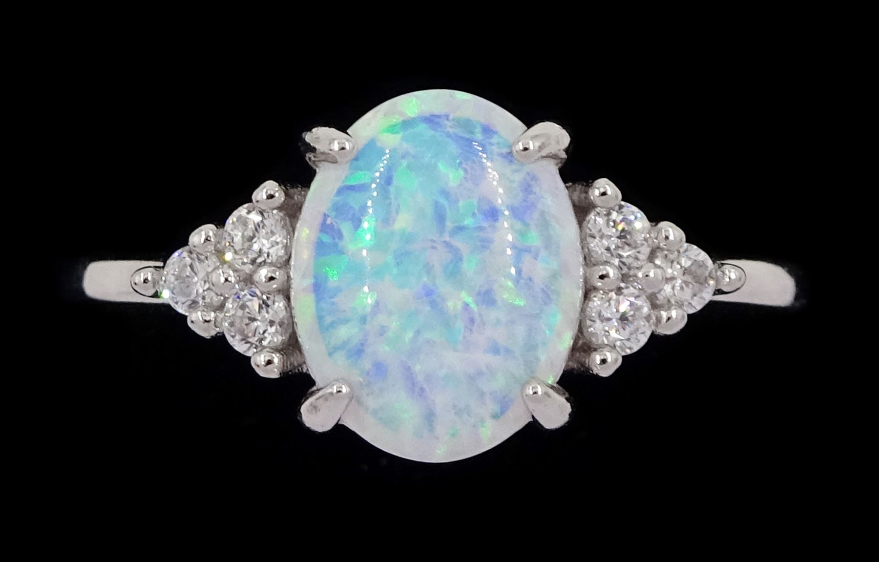 Silver opal and cubic zirconia cluster ring, stamped 925