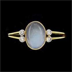 Early 20th century gold milgrain set oval moonstone and old cut diamond ring, stamped 18ct