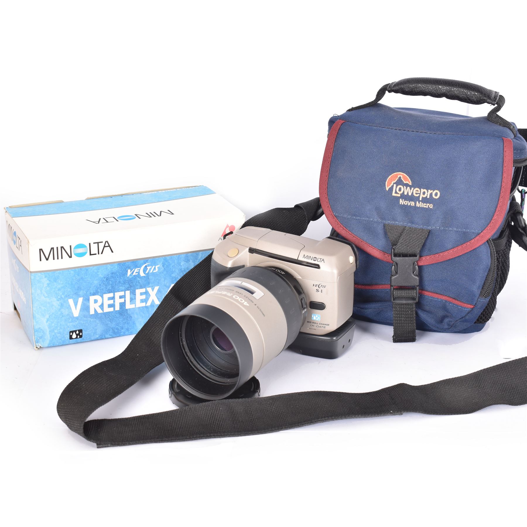 Minolta Vectis S-1 camera body, serial no. 98610281, with a Minolta Vectis V Reflex 400/8 400mm 1:8 lens, lens with box, camera with carry case and battery pack BP-S1