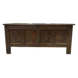 18th century oak coffer or chest, rectangular hinged panelled top with moulded frame enclo...